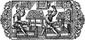 A coin workshop in the mid 1500s, as is shown in the Swedish-Italian archbishop Olaus Magnus’s great work, “History of the Nordic peoples” (1555).