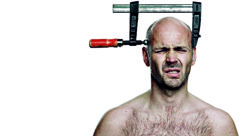 Photo illustration of a man with a vise on his head.