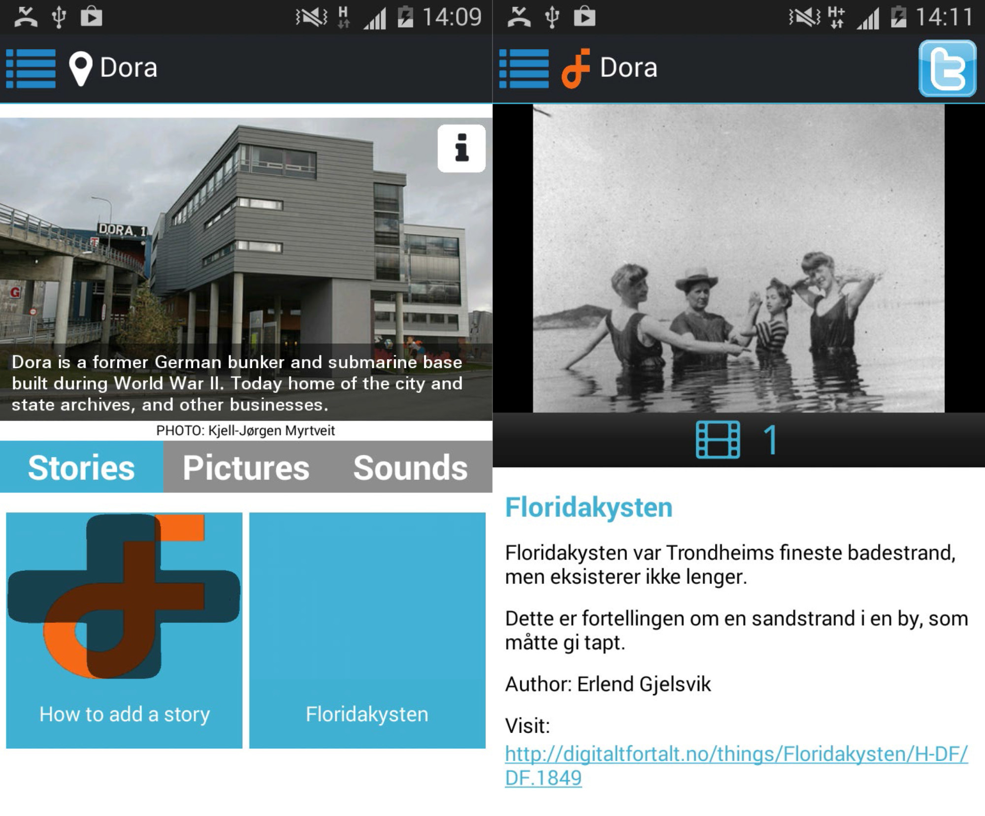 This is what the app looks like. Behind the photo of the wartime bunker Dora is the story of a lost sandy beach that people used to call 'Floridakysten' (the Florida coast).