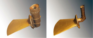 Both photos show a recently cast propeller blade weighing 155 kg. The cylinders attached to the right-hand side of each blade are the solidified metal remaining in the 'feeders', which have supplied additional molten metal to compensate for shrinkage of the casting as it solidifies. A current feeder (left) leaves 164 kg of unused metal. The new feeder (right) leaves only 8 kg. The new technology pilot thus saved Oshaug Metall from having to melt 156 kilos of extra metal. Photo: Oshaug Metall/Arnt Jørgen Sønslien