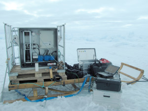 Åse Ervik's three weeks on the RV Lance required four pallets of equipment, including this compression tester, which is used to test the strength of different ice cores. Photo: Åse Ervik