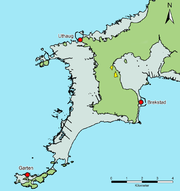 The peninsula at the mouth of Trondheim fjord that shows the location of the dig (in yellow) and the area that was dry land 1500 years ago. Source: Ingrid Ystgaard.