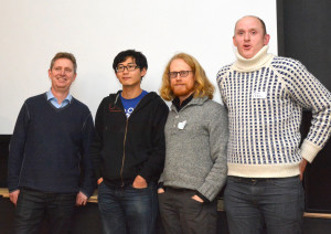 The Polar Bears, from left Atle Vesterkjær, Jie Ren, Arne Jenssen and Pål Preede Revheim, had the winning idea from the Climathon. Ren, an NTNU master's student in Electric Power Engineering said "I didn't expect us to win." Photo: Ole Tolstad. 
