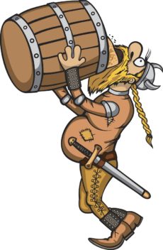 Cartoon viking drinking beer from a barrel