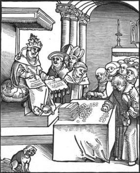 The Pope as the Antichrist, signing and selling indulgences. Propaganda drawing by Lucas Cranach the Elder, commissioned by Martin Luther.