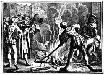  Luther sets fire to Pope Leo X's Bull of Excommunication. Several Catholic writings are added to the fire simultaneously. December 1520. Illustration: Matthäus Merian the Elder, Thinkstock 