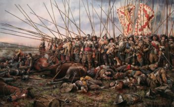 During the Thirty Years’ War, religious parties banded together somewhat across denominations. Here from the Battle of Rocroi. Painting: Augusto Ferrer-Dalmau (Click name for link to artist)