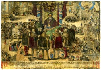  Peace of Augsburg in 1555. The parties agree. The princes are given the power to decide the religion of their subjects, and in practice, religious groups must live in different areas. Illustration: Johann Dürr, The British Museum 