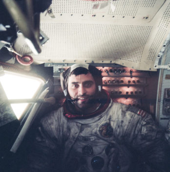 Harrison "Jack" Schmitt inside the Lunar Module after having been out on the surface of the Moon during Apollo 17. The use of Lunar Rovers during the last two Apollo missions expanded the ability of astronauts to explore — but the vehicles kicked up enormous amounts of dust, which explains why Schmitt's once white spacesuit is grey with dust. Photo: NASA