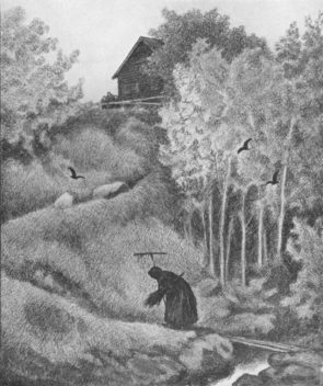  Theodor Kittelsen produced a series of drawings on the theme of the Black Death. The plague was an old woman who walked around from house to house. This drawing was called "Mor, der kommer en kjerring," which translated means, "Mother, an old woman is coming this way."