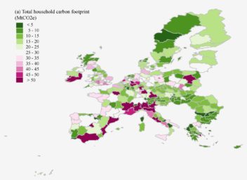 A map of the European Union showing total household carbon footprint by region. Graphic: Diana Ivanova