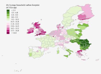 This map shows the average household carbon footprint for different EU regions. The darker the red colour, the larger the carbon footprint per household. The highest carbon footprints shown here are in the UK and in parts of Greece. Graphic: NTNU Industrial Ecology Programme/ Environmental Research Letters