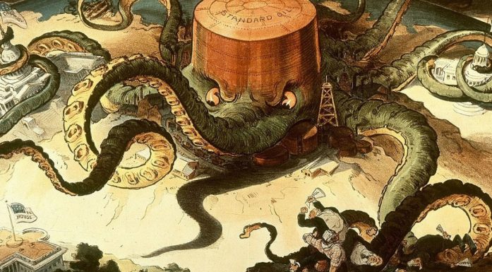 An illustration showing Standard Oil as an enormous hostile squid, stretching across the US