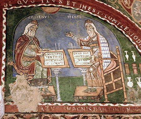 Artwork of Galen and Hippocrates depicted in the crypt of the Cathedral of Anagni.
