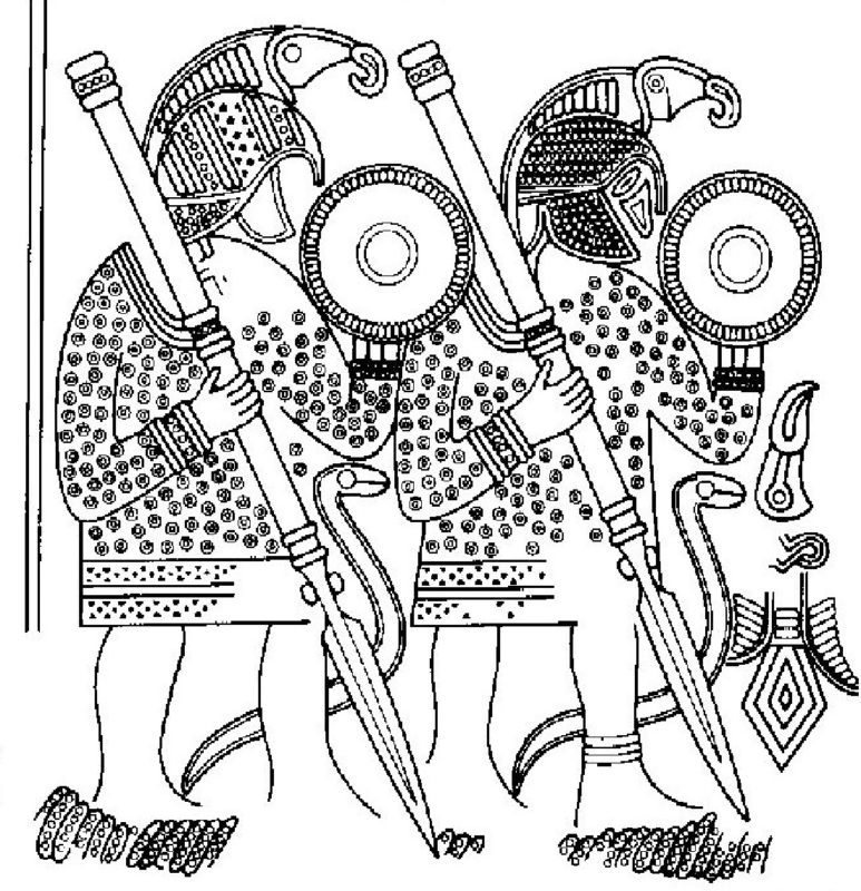 Illustration found on an old engraved viking helmet showing two warriosr with helmets adorned with birds