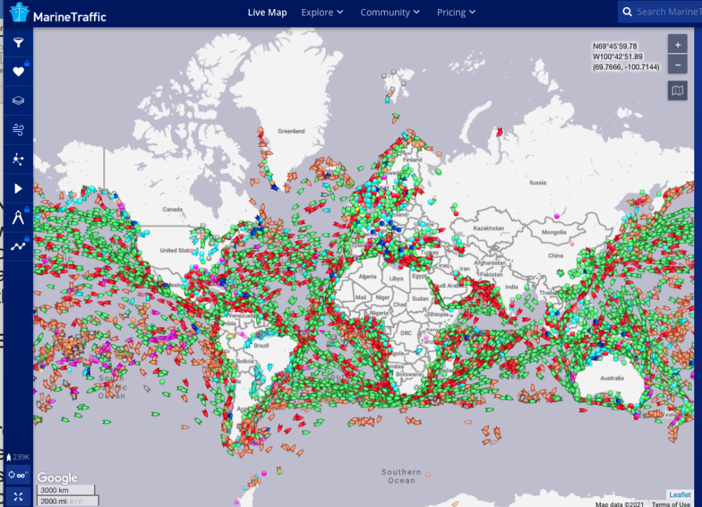 Screenshot showing marine traffic on a map of the globe