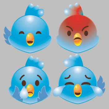 different emojis showing the twitter-bird being happy, angry, sad, and laughing