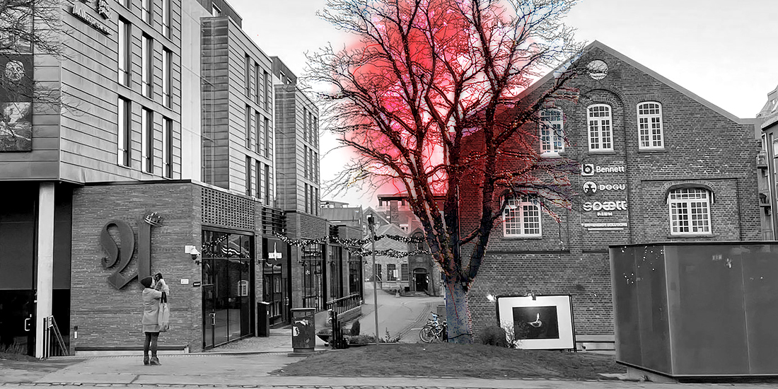 A red tree in a black an white photo