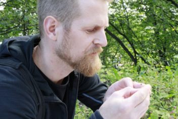 reasearcher examining ladybug in hand