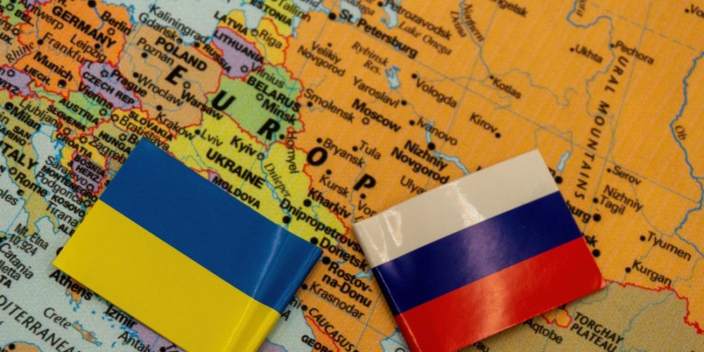 ERC Grant. Photo shows a map with the Ukrainian an Russian flags.