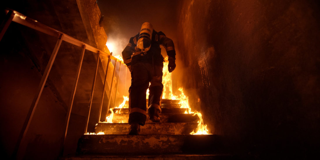 Heatstress. Firefighter in action.