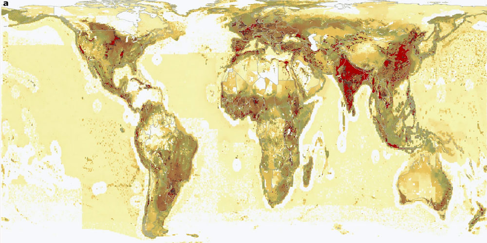 Do bege (menos) ao vermelho (mais), o mapa mostra o impacto geral da produção de alimentos no meio ambiente