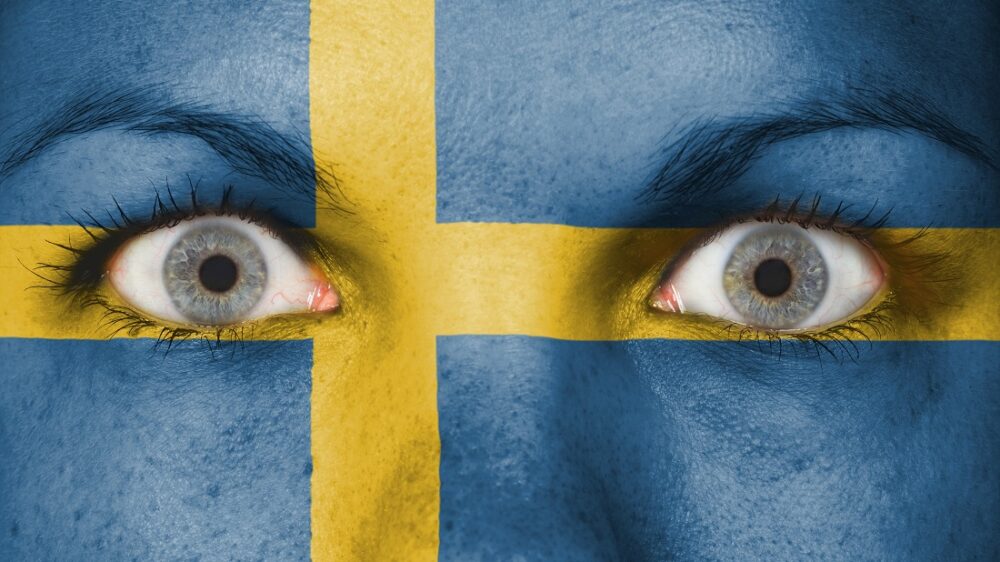 Close up of eyes. Painted face with flag of Sweden