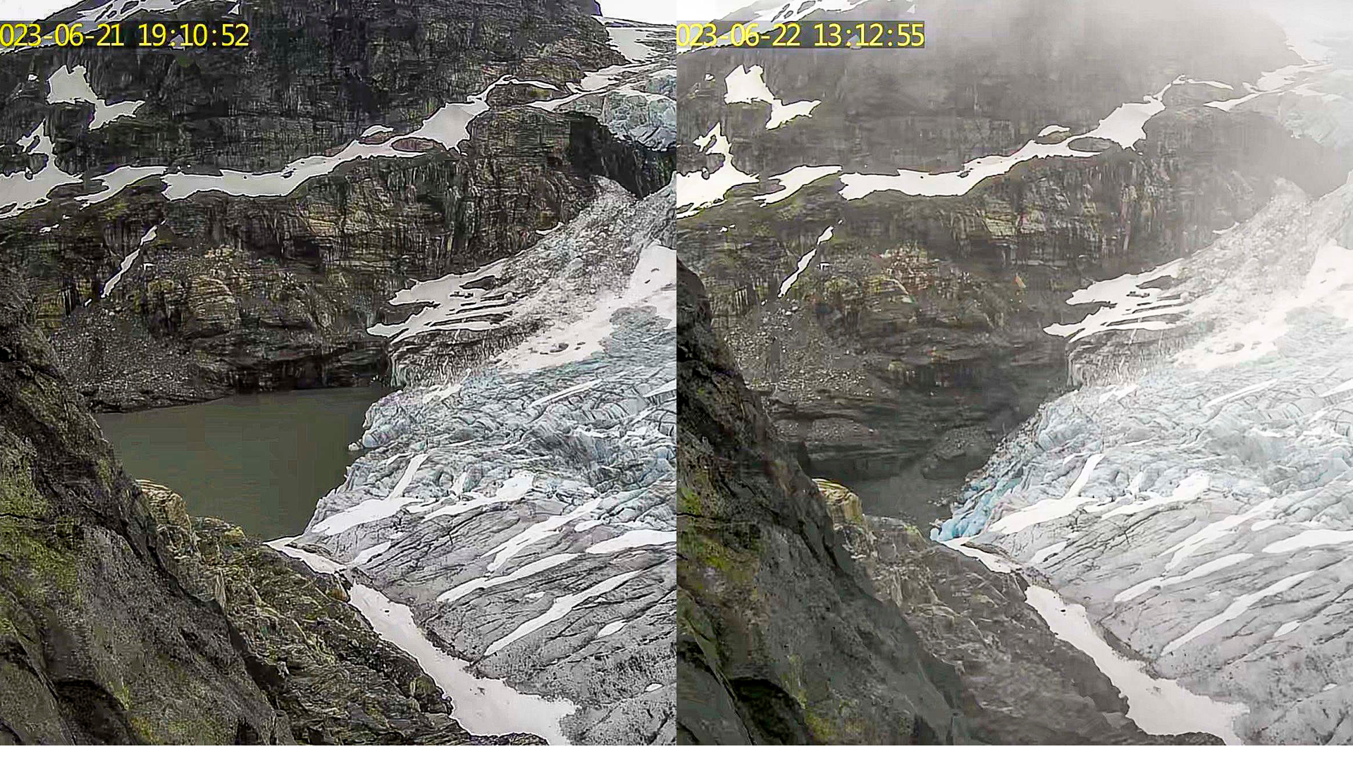 A group of researchers wants to help communities living close to melting glaciers. Photos from a webcamera shows quick and early discharge.