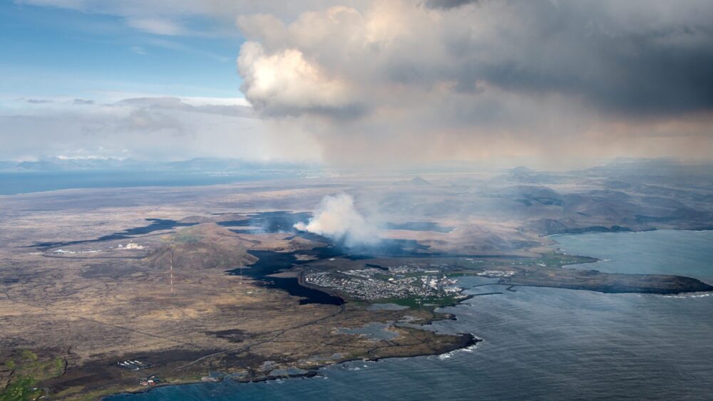 Aerial view of Iceland and volcanic eruption.