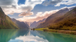 Painting of Norwegian sunset landscape with Nordfjord fjord. Illustration.
