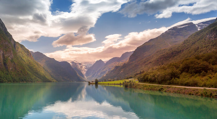 Painting of Norwegian sunset landscape with Nordfjord fjord. Illustration.
