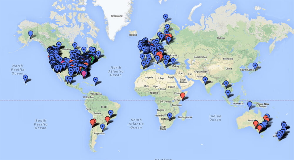 World map showing locations, mostly coastal, of where the Hum has been reported. Screenshot.