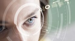 Woman's face with computer code overlay. Illustration photo.
