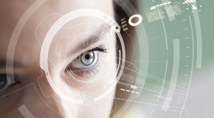 Woman's face with computer code overlay. Illustration photo.