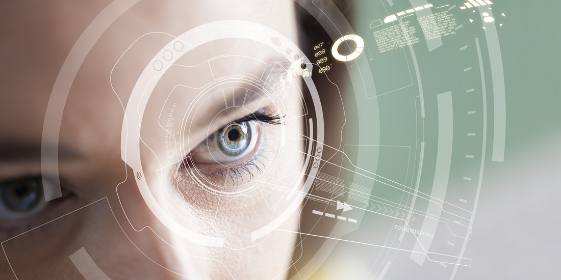 Woman's face with computer code overlay. Illustration photo.