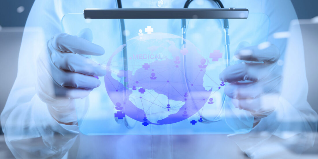 double exposure of Medicine doctor working with modern screen