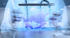 double exposure of Medicine doctor working with modern screen