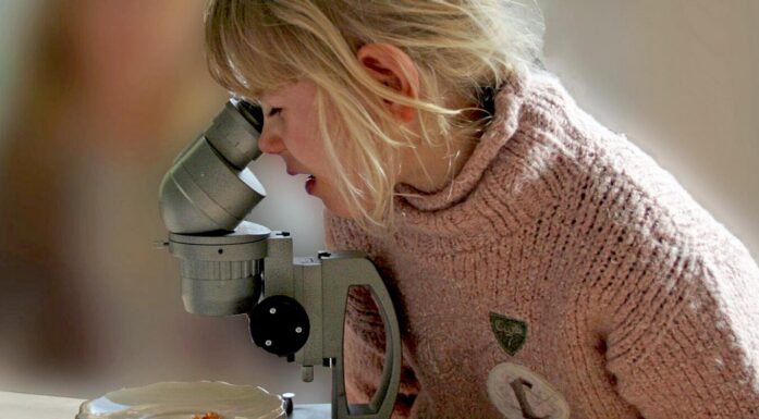Young girl looking into a microscope. Photo illustration.