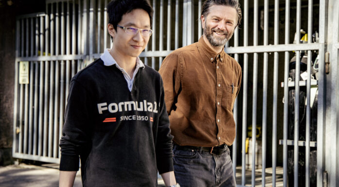 Two researchers walking outside
