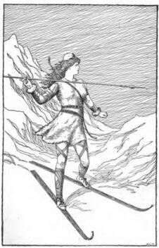 A woman skiing, holding a spear. Drawing.